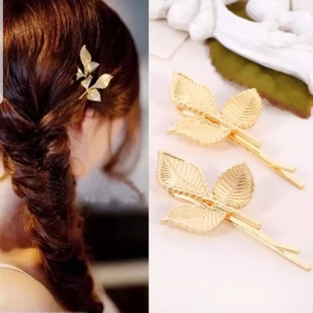 Pair of 3 Leaf Gold Branch Hair Pin Clip S…